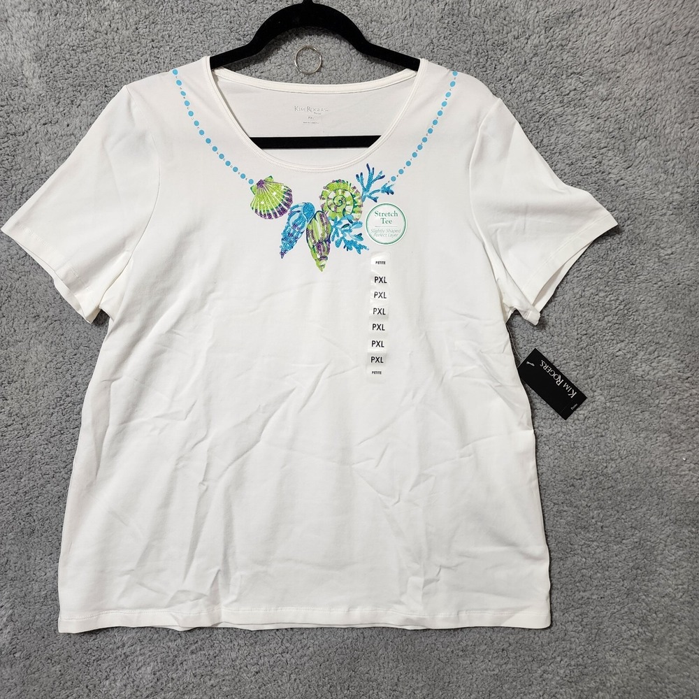 Kim Rogers Blouse PXL Petite Extra Cotton Embellished Sequin Beach Shell Sparkle